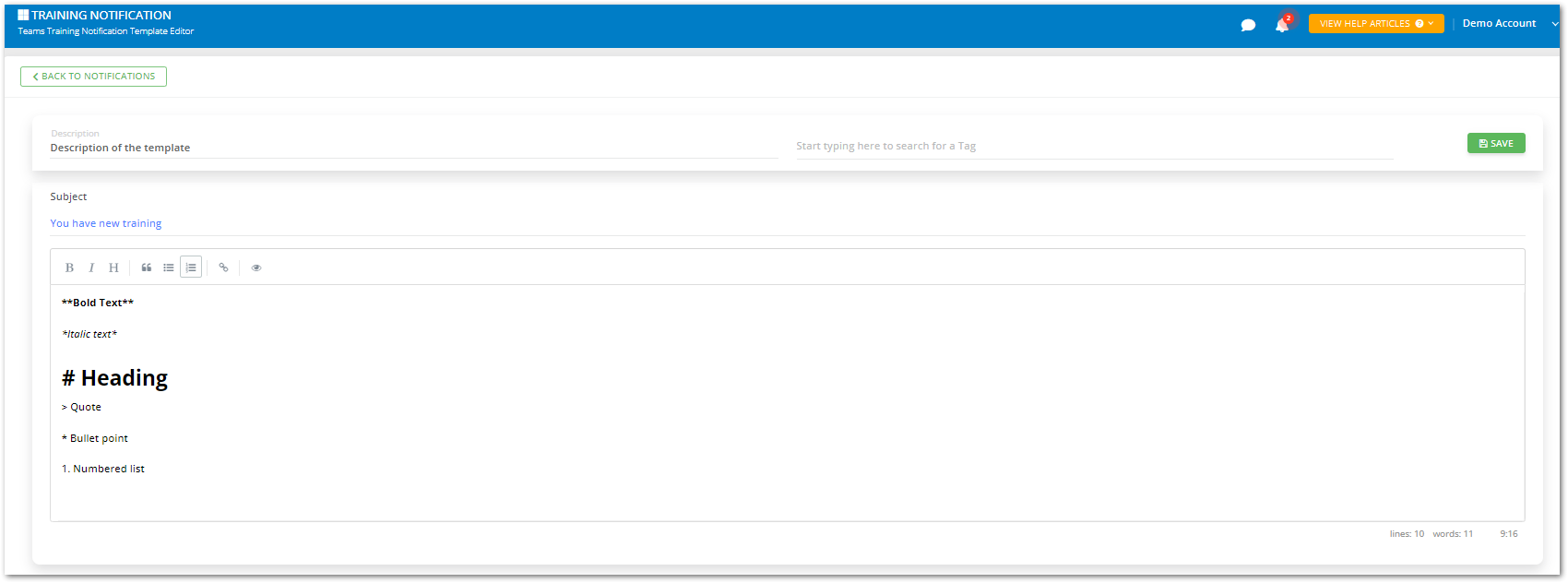 Microsoft Teams notification and Training course guide - Markdown editor - Different Text formats.png